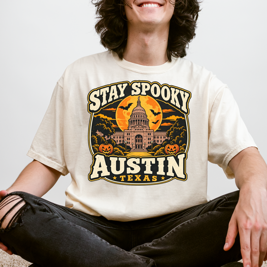 Austin Halloween T-Shirt, Texas State Capitol, Comfort Colors Retro Pumpkin Moon Souvenir, Stay Spooky Texas