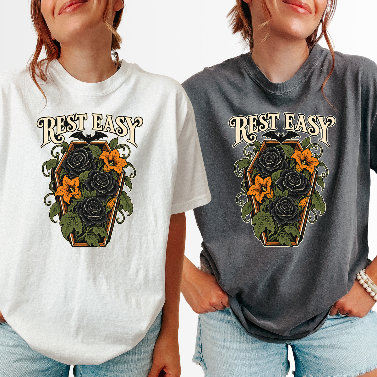 Coffin Flower Bed Halloween T-Shirt, Rest Easy Black Roses, Art Nouveau Botanical, Comfort Colors