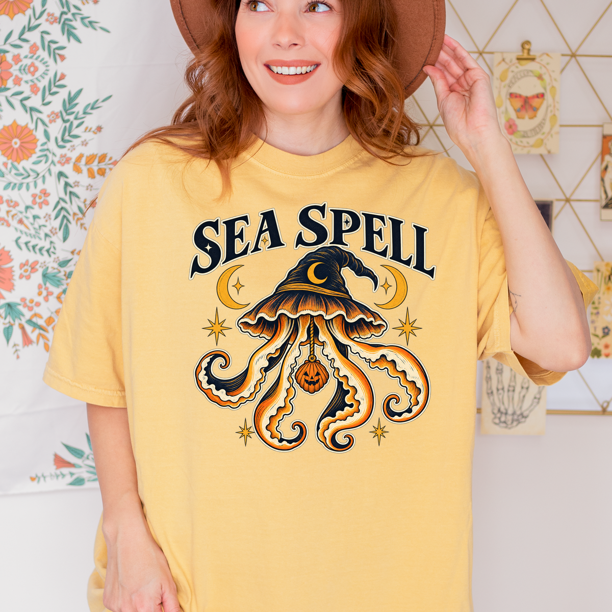 Witch Hat Jellyfish Halloween T-Shirt, Pumpkin Seashell, Celestial Gothic Sea Spell Art, Comfort Colors