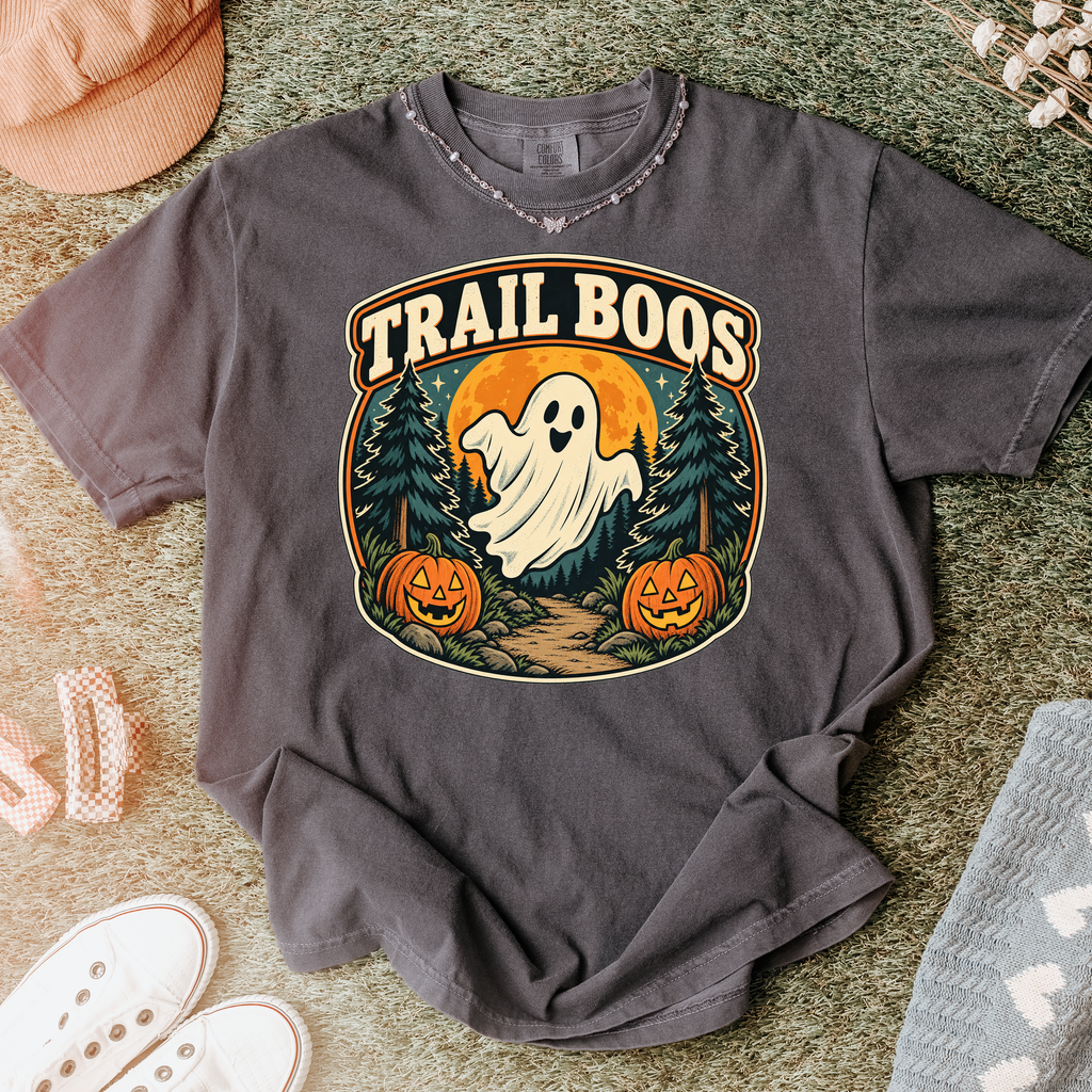 Ghost Halloween T-Shirt, Trail Boos Forest Badge, Retro Pine Trees, Jack-o-Lanterns and Harvest Moon, Comfort Colors