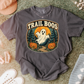 Ghost Halloween T-Shirt, Trail Boos Forest Badge, Retro Pine Trees, Jack-o-Lanterns and Harvest Moon, Comfort Colors