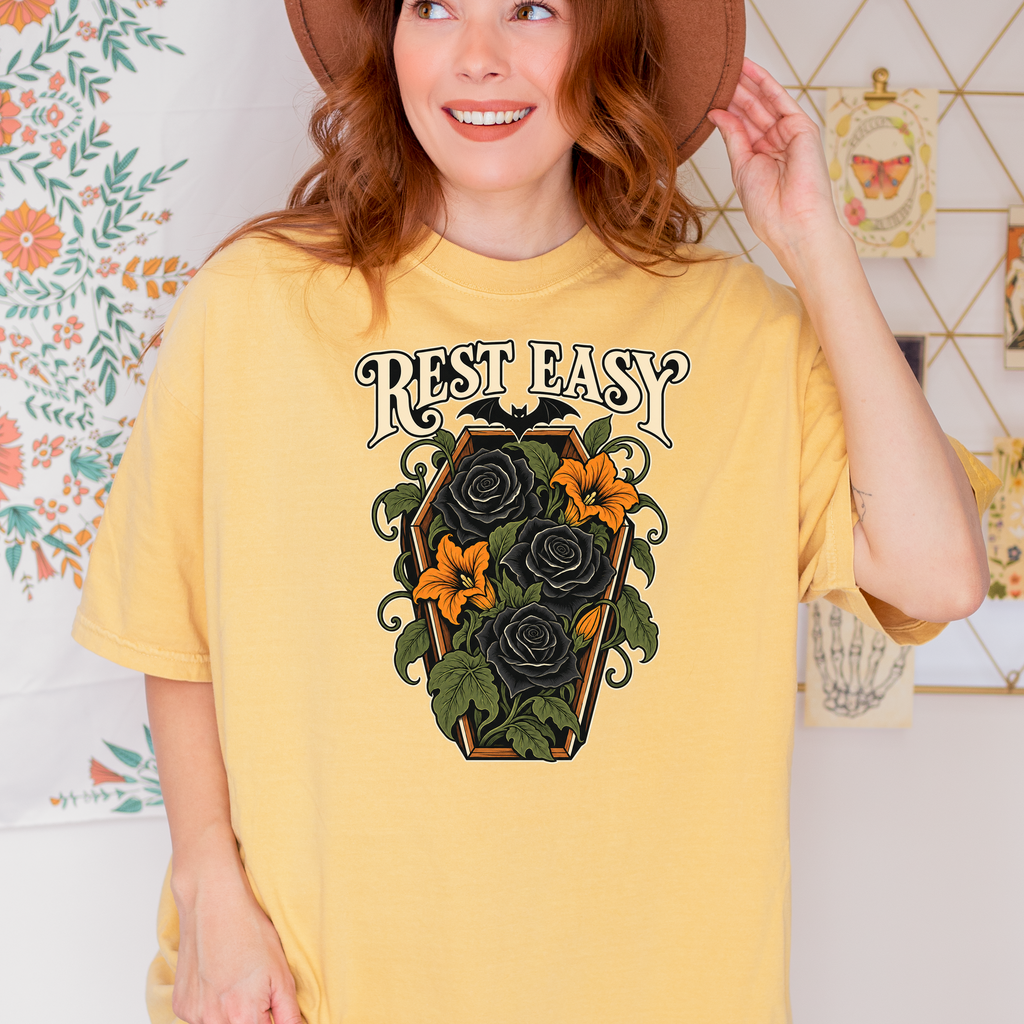 Coffin Flower Bed Halloween T-Shirt, Rest Easy Black Roses, Art Nouveau Botanical, Comfort Colors