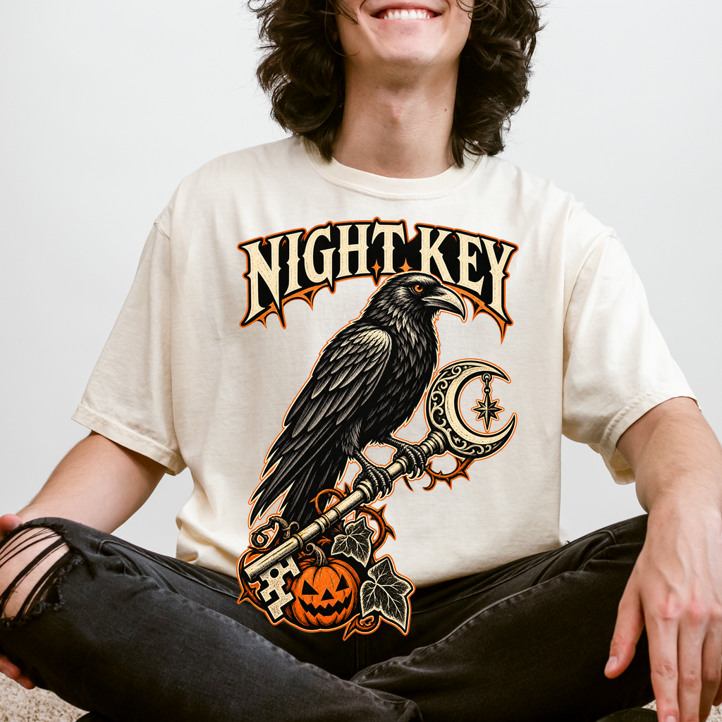 Raven Halloween T-Shirt, Ornate Skeleton Key and Pumpkin, Gothic Woodcut Spooky Season Art, Comfort Colors