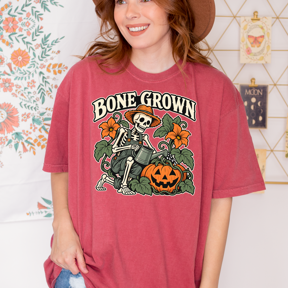 Skeleton Halloween T-Shirt, Bone Grown Pumpkin Garden Folk Art, Botanical Spooky Season Comfort Colors