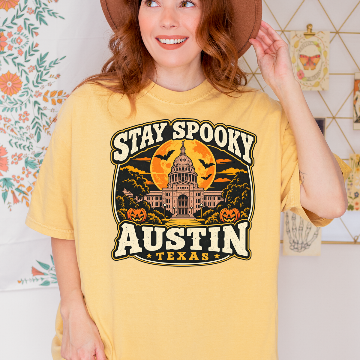 Austin Halloween T-Shirt, Texas State Capitol, Comfort Colors Retro Pumpkin Moon Souvenir, Stay Spooky Texas