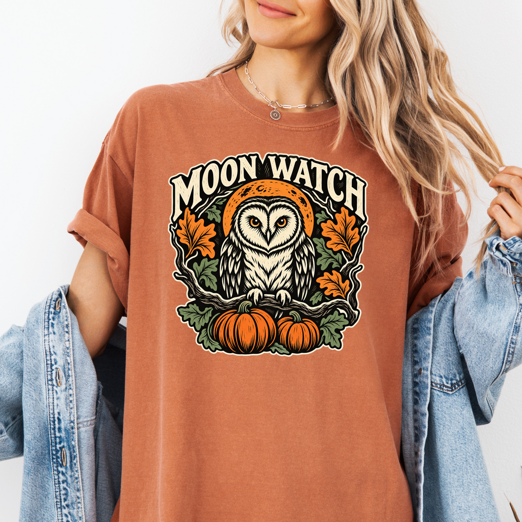 Owl Halloween T-Shirt, Moon Watch Pumpkin Woodcut Folk Art, Autumn Moon Comfort Colors