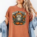 Owl Halloween T-Shirt, Moon Watch Pumpkin Woodcut Folk Art, Autumn Moon Comfort Colors