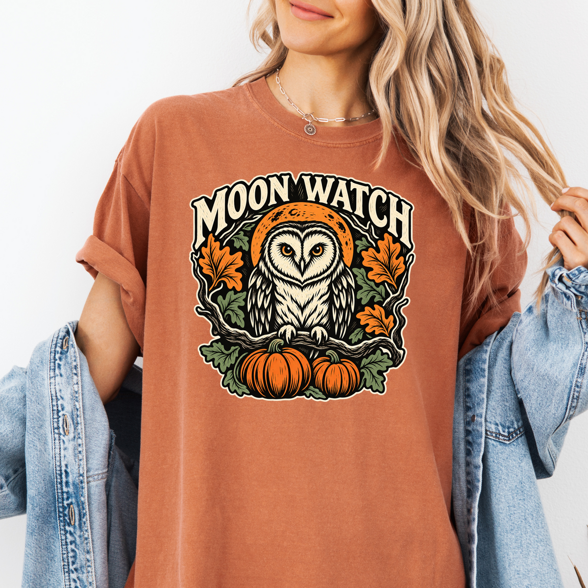 Owl Halloween T-Shirt, Moon Watch Pumpkin Woodcut Folk Art, Autumn Moon Comfort Colors