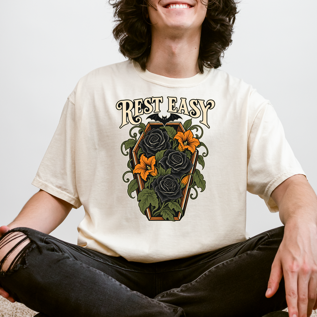Coffin Flower Bed Halloween T-Shirt, Rest Easy Black Roses, Art Nouveau Botanical, Comfort Colors