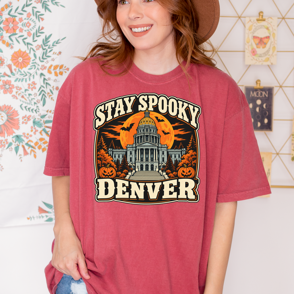 Denver Halloween T-Shirt, Colorado State Capitol, Comfort Colors Retro Pumpkin Souvenir, Spooky Season Bats
