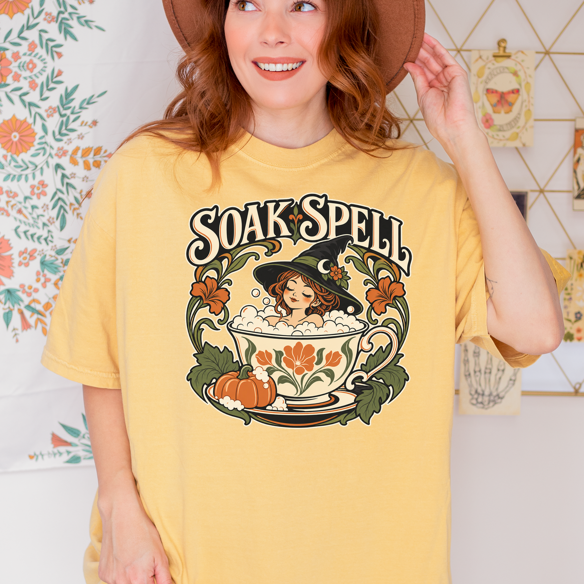 Witch Teacup Halloween T-Shirt, Soak Spell Bath, Art Nouveau Autumn Botanical, Comfort Colors, Spooky Season