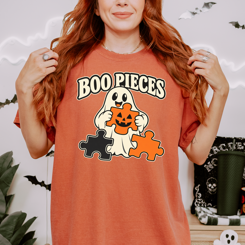 Ghost Halloween T-Shirt, Boo Pieces Pumpkin Puzzle Design, Minimalist Spooky Season, Comfort Colors