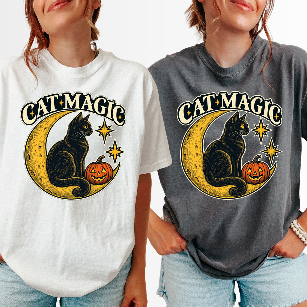 Black Cat Halloween T-Shirt, Cat Magic Crescent Moon, Celestial Pumpkin Art, Antique Linework, Comfort Colors