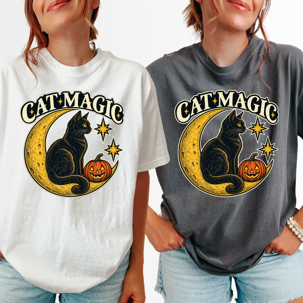 Black Cat Halloween T-Shirt, Cat Magic Crescent Moon, Celestial Pumpkin Art, Antique Linework, Comfort Colors