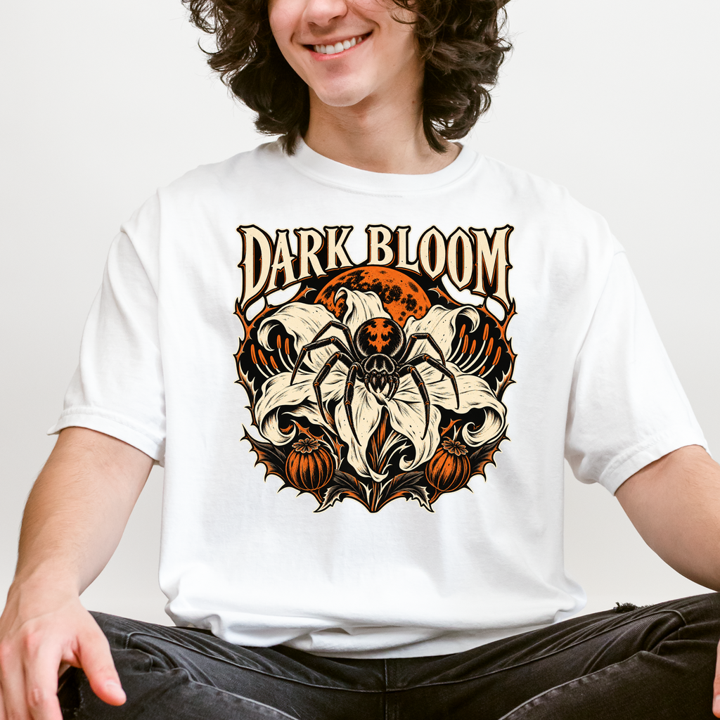 Spider Lily Halloween T-Shirt, Dark Bloom Gothic Woodcut, Orange Moon and Pumpkin Pods, Comfort Colors