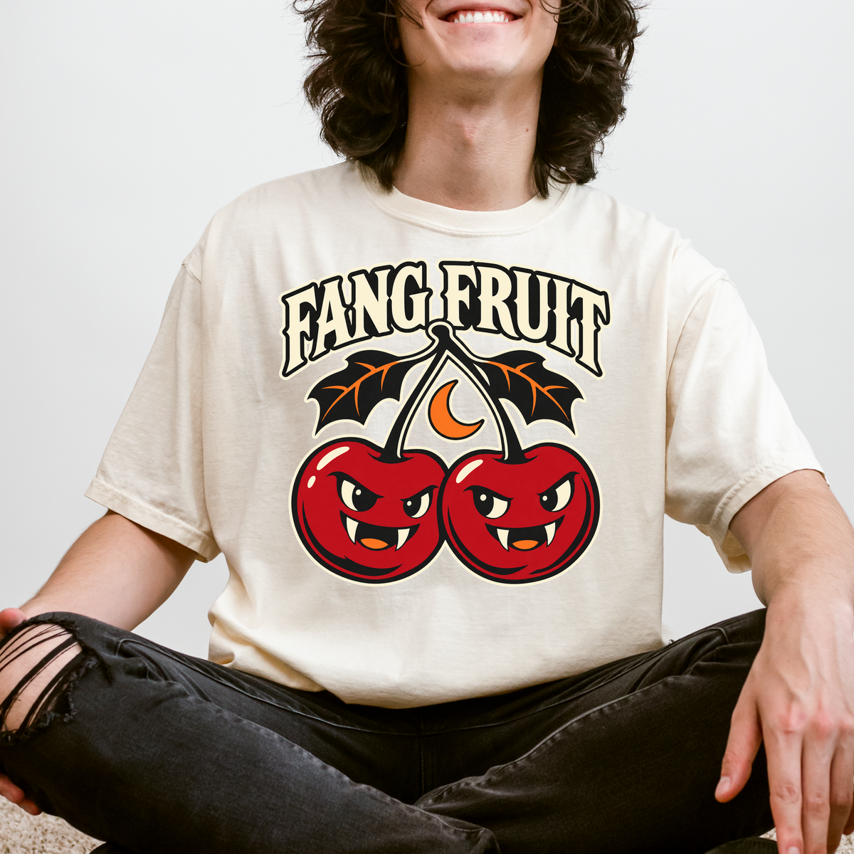 Vampire Cherry Halloween T-shirt, Fang Fruit with Bat-Shaped Leaves, Minimalist Silhouette, Comfort Colors