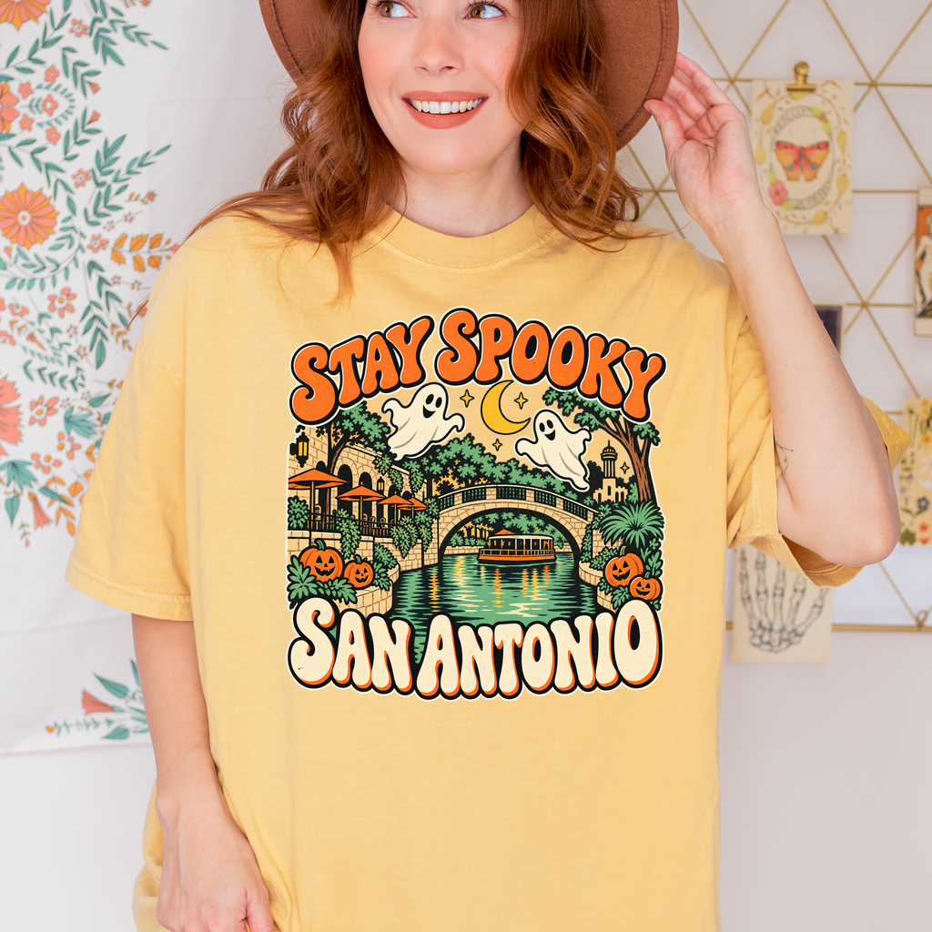 San Antonio Halloween T-Shirt, River Walk Ghosts and Pumpkins, Retro Texas Souvenir, Comfort Colors