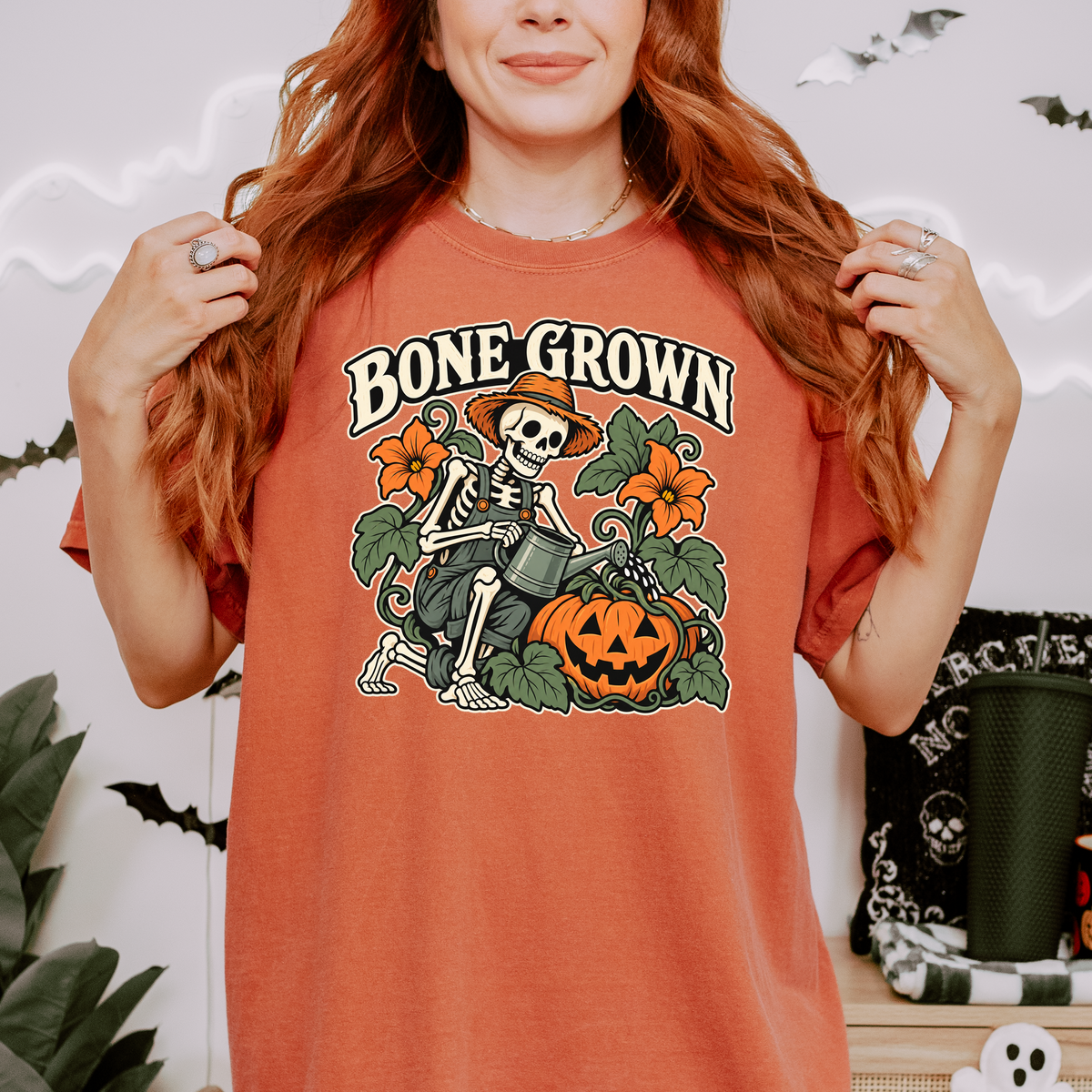 Skeleton Halloween T-Shirt, Bone Grown Pumpkin Garden Folk Art, Botanical Spooky Season Comfort Colors