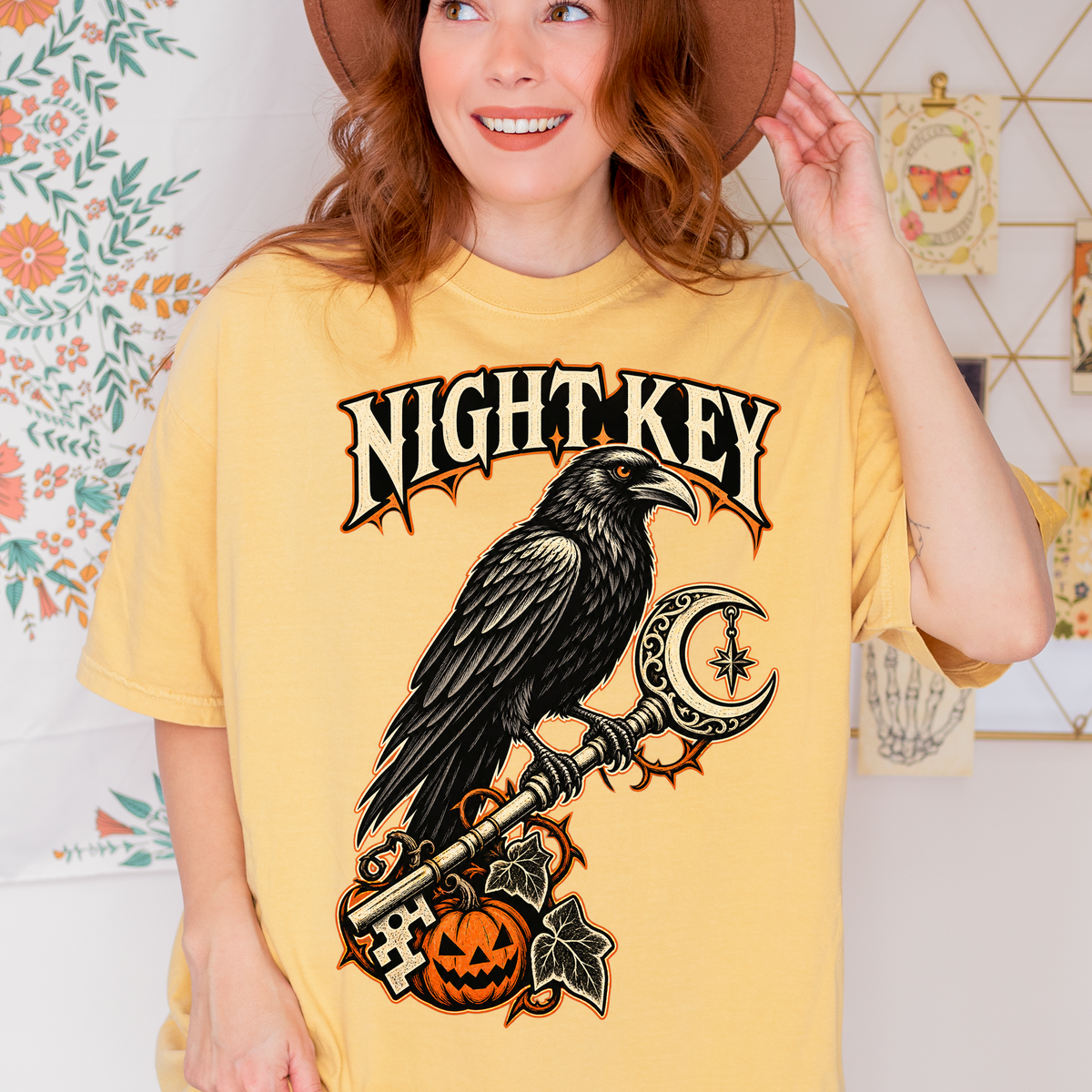Raven Halloween T-Shirt, Ornate Skeleton Key and Pumpkin, Gothic Woodcut Spooky Season Art, Comfort Colors