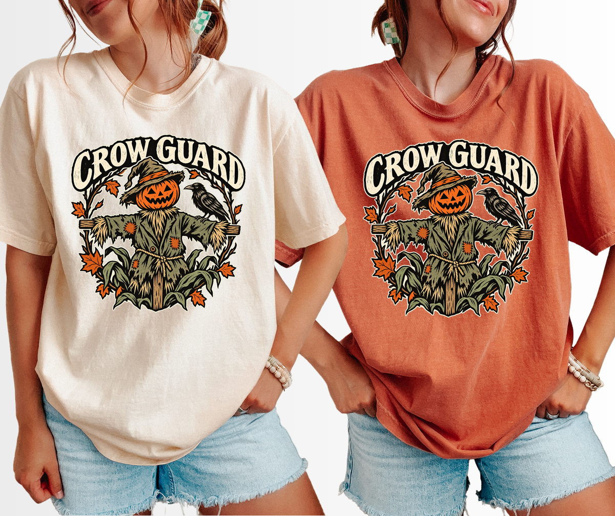 Scarecrow Halloween T-Shirt, Crow Guard Pumpkin Design, Woodcut Folk Art, Comfort Colors Spooky Season