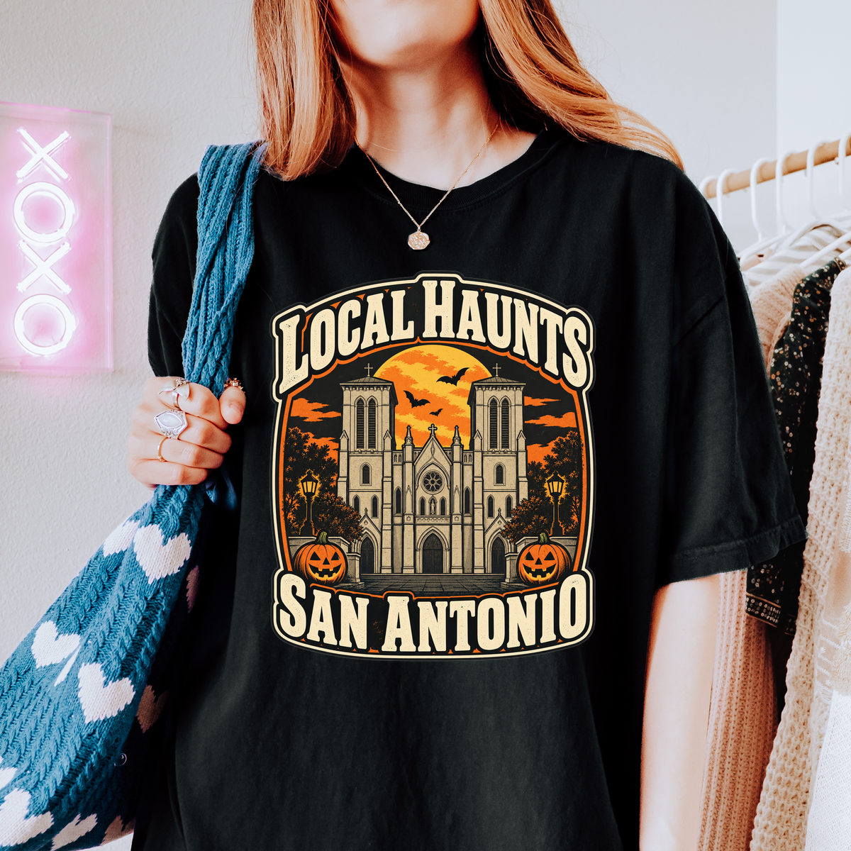 San Antonio Halloween T-Shirt, San Fernando Cathedral, Comfort Colors Retro Souvenir, Harvest Moon and Pumpkins
