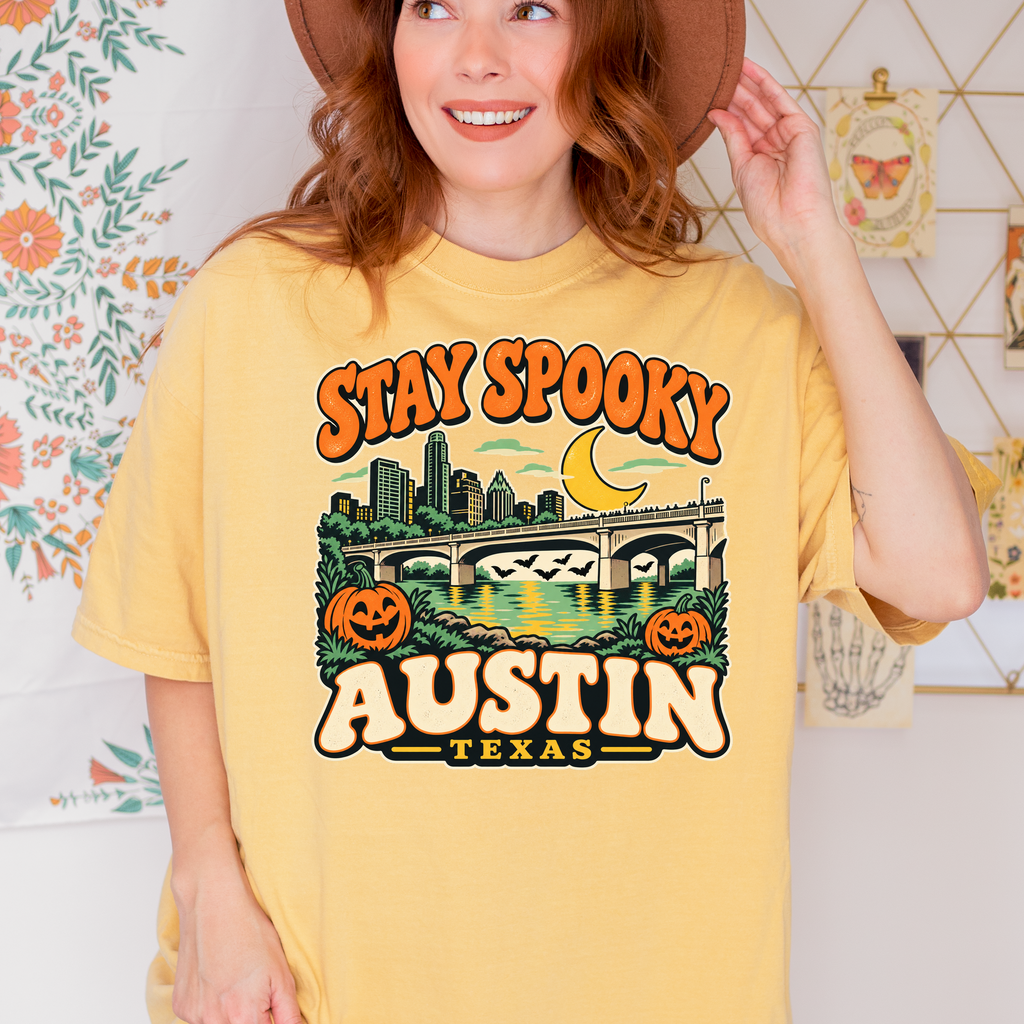 Austin Halloween T-Shirt, Congress Avenue Bridge Bats and Pumpkins, Retro Texas Souvenir, Comfort Colors