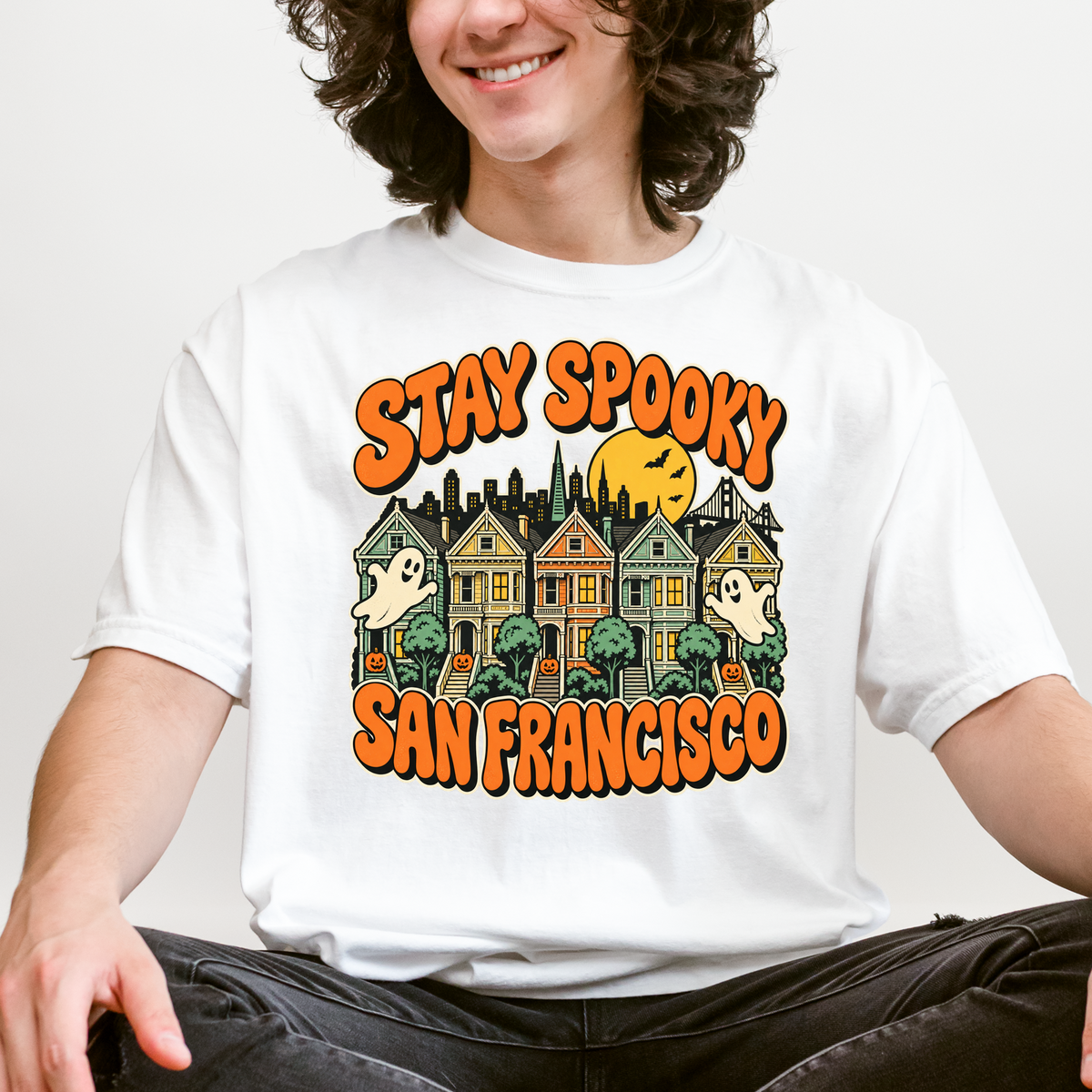 San Francisco Halloween T-Shirt, Painted Ladies Ghosts, Retro Pumpkin Art, Comfort Colors California Souvenir