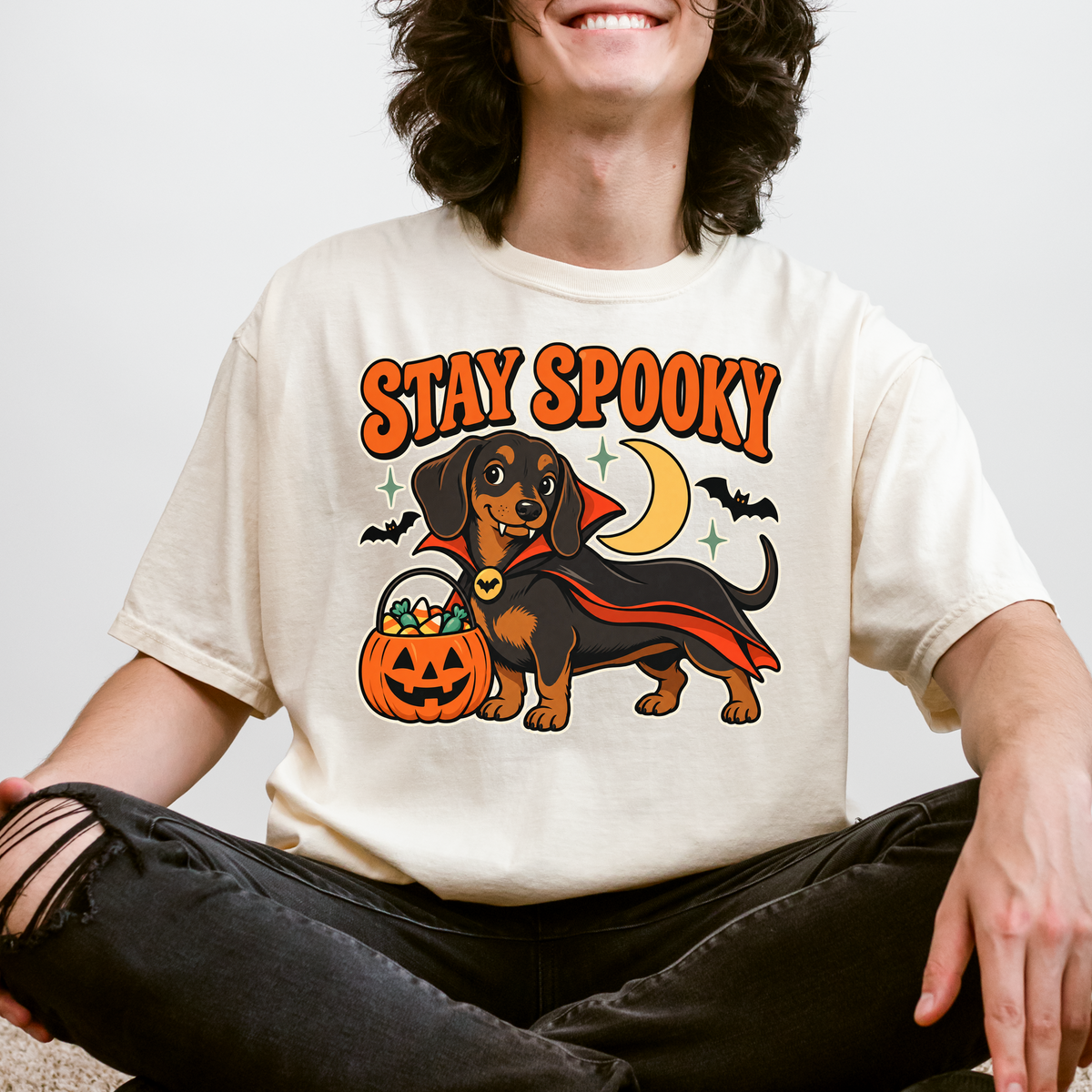 Vampire Dachshund Halloween T-Shirt, Stay Spooky Retro 1950s Cartoon, Pumpkin Candy Bucket, Comfort Colors