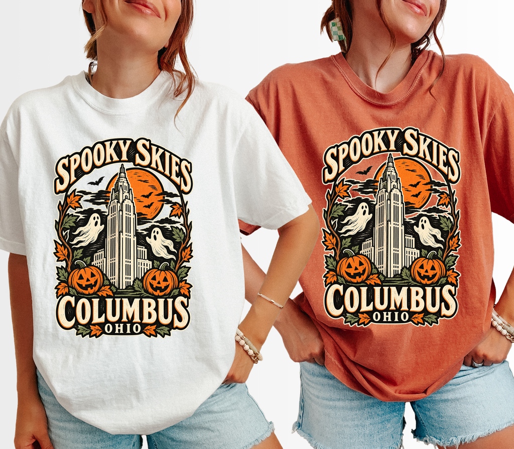 Columbus Halloween T-Shirt, LeVeque Tower Moon and Ghosts, Woodcut Folk Art, Comfort Colors Ohio Souvenir