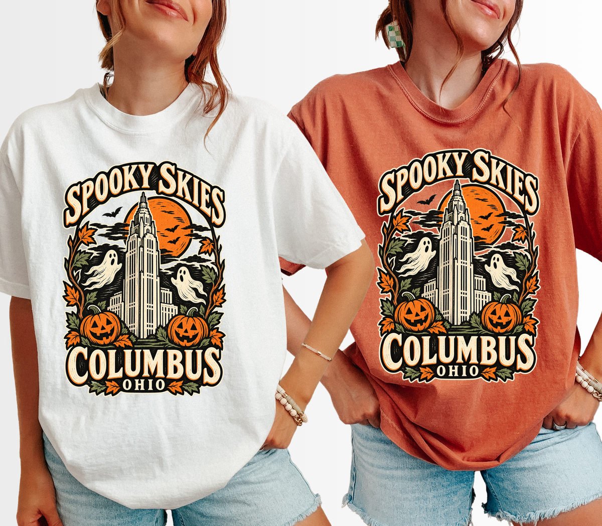 Columbus Halloween T-Shirt, LeVeque Tower Moon and Ghosts, Woodcut Folk Art, Comfort Colors Ohio Souvenir