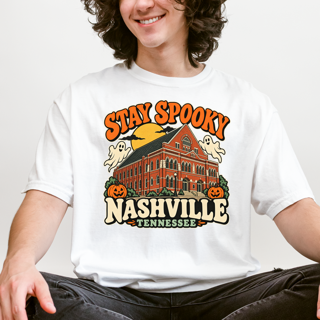Nashville Halloween T-Shirt, Ryman Auditorium Retro Ghost and Pumpkin Design, Tennessee Souvenir, Comfort Colors