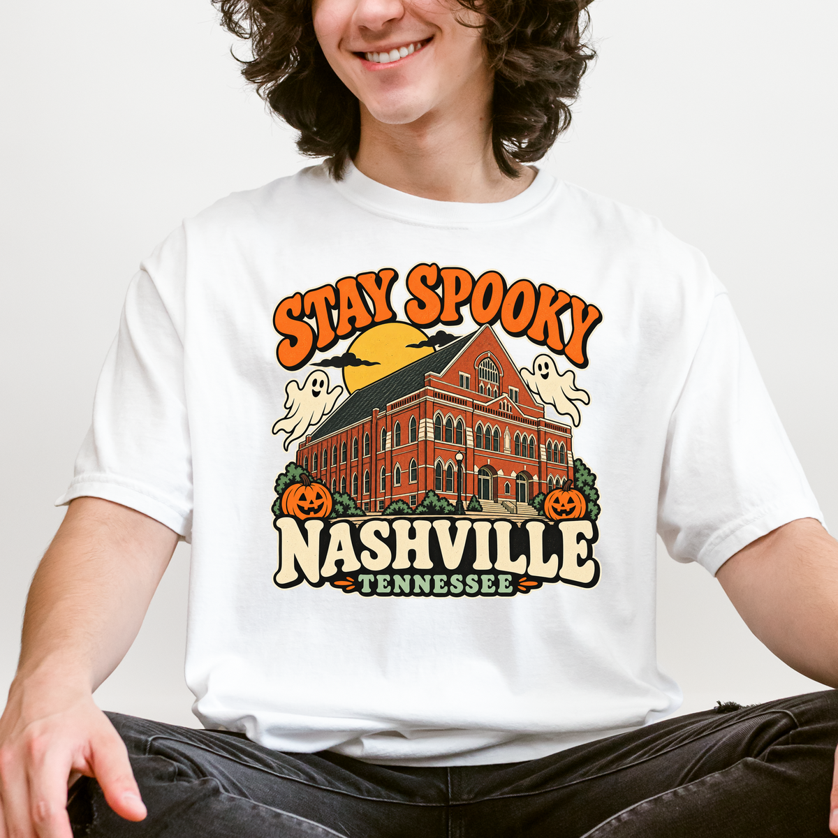 Nashville Halloween T-Shirt, Ryman Auditorium Retro Ghost and Pumpkin Design, Tennessee Souvenir, Comfort Colors