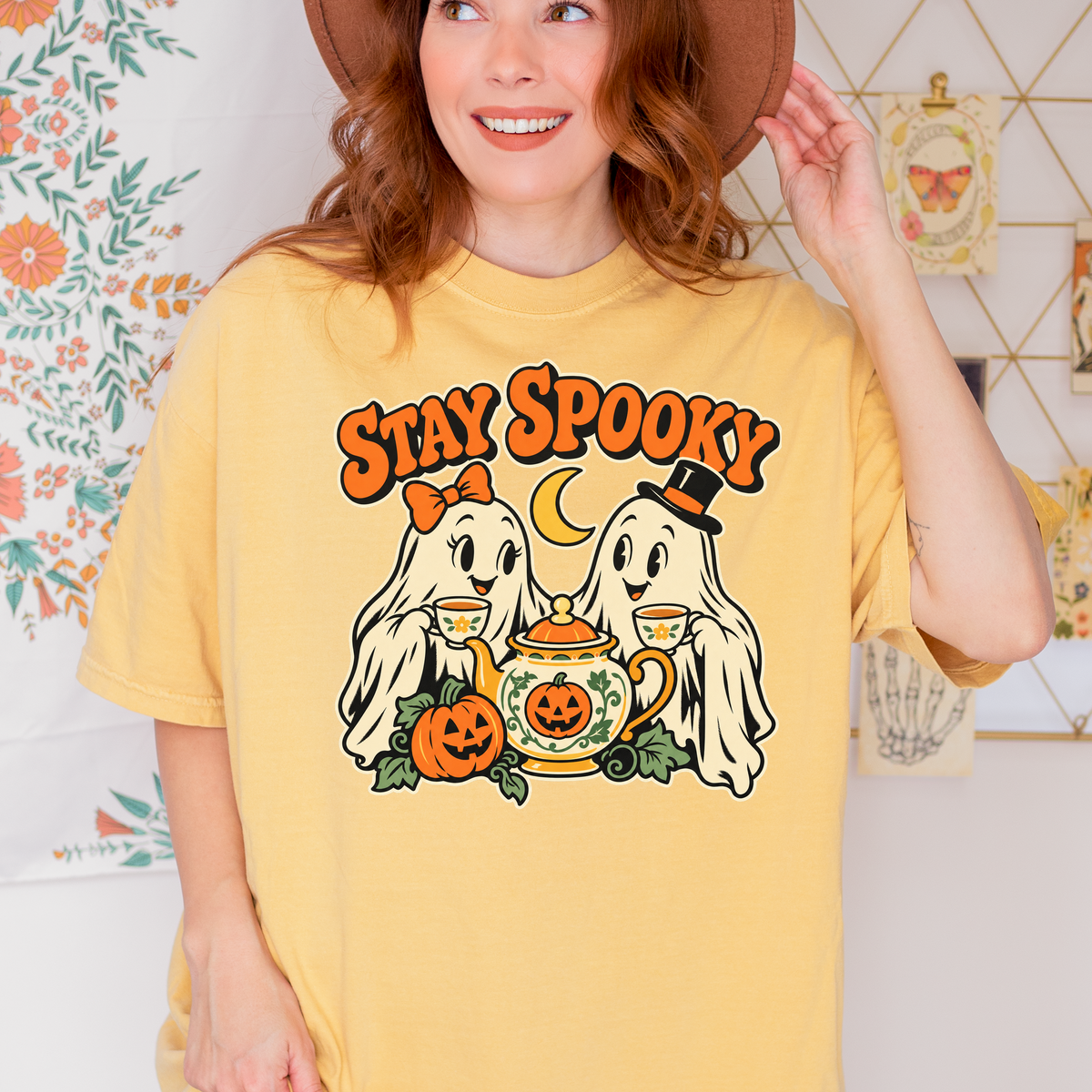 Ghost Tea Party Halloween T-Shirt, Stay Spooky Retro 1950s Cartoon, Pumpkin and Crescent, Comfort Colors