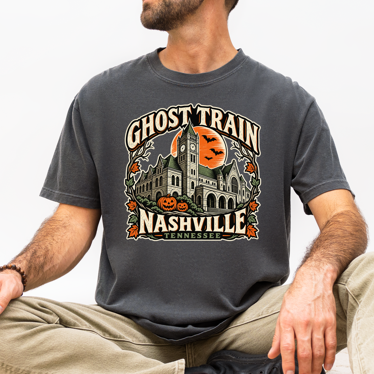 Nashville Halloween T-Shirt, Union Station Ghost Train, Comfort Colors, Woodcut Folk Art, Pumpkin Tennessee Souvenir