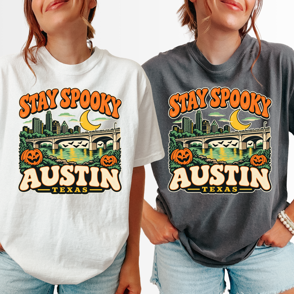 Austin Halloween T-Shirt, Congress Avenue Bridge Bats and Pumpkins, Retro Texas Souvenir, Comfort Colors