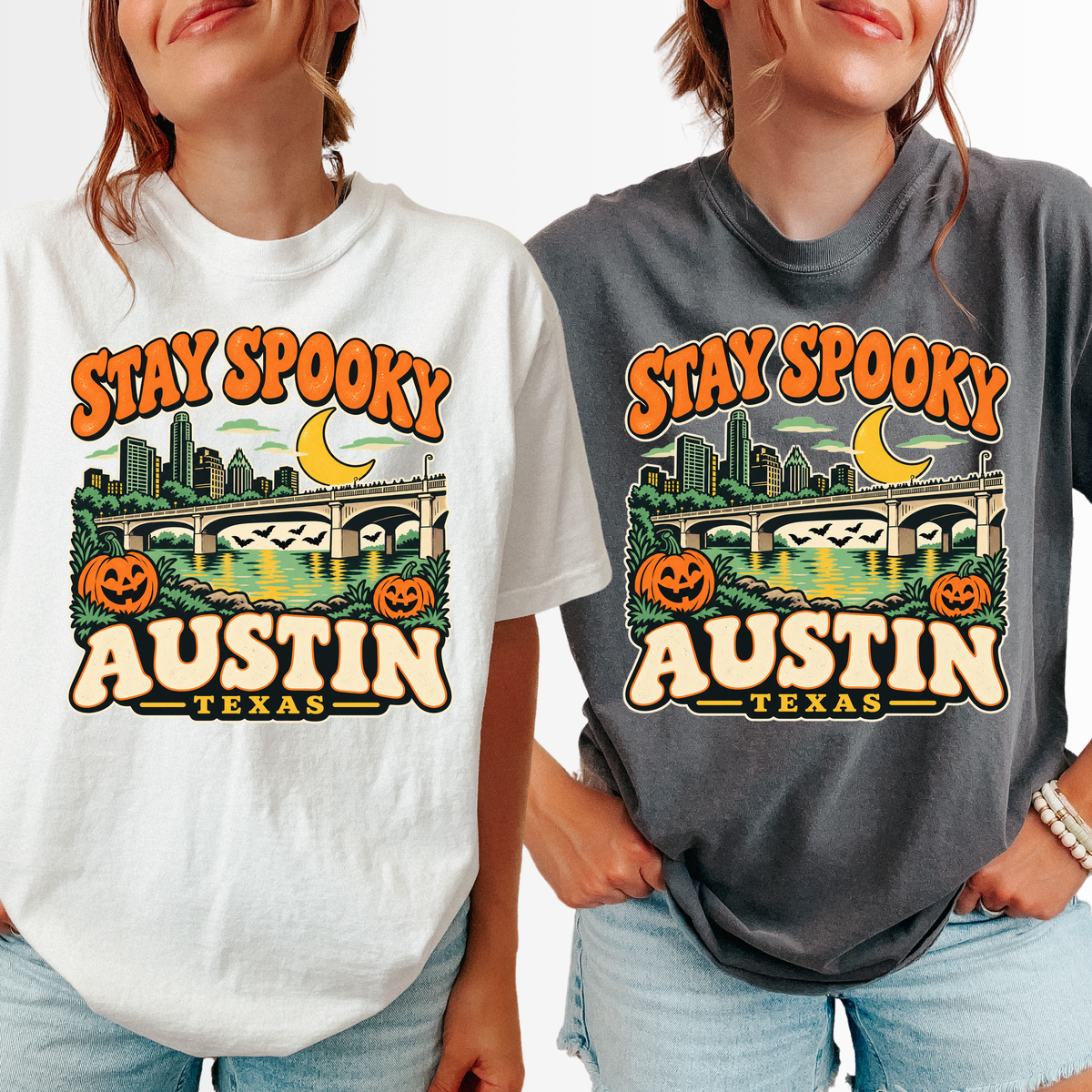 Austin Halloween T-Shirt, Congress Avenue Bridge Bats and Pumpkins, Retro Texas Souvenir, Comfort Colors