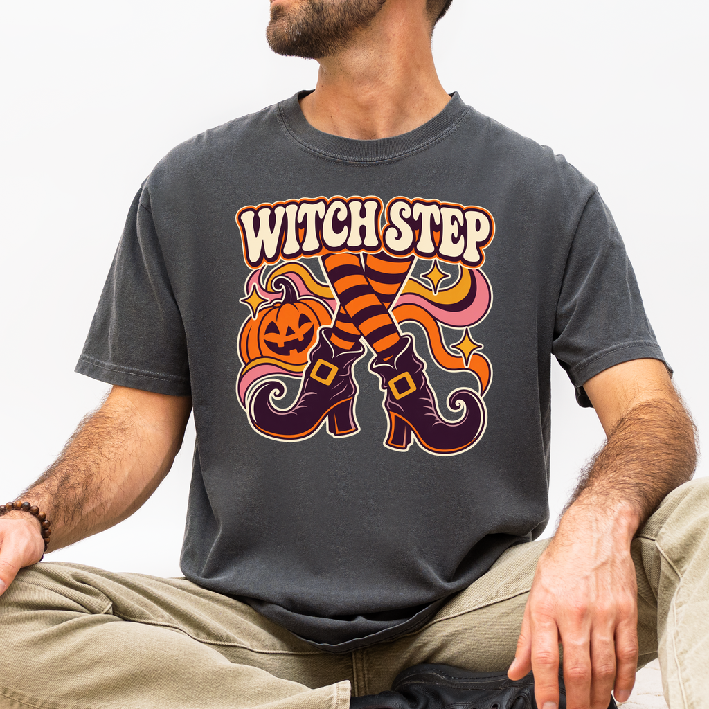 Dancing Witch Boots Halloween T-Shirt, Witch Step Pumpkin Design, 1970s Psychedelic Art, Comfort Colors