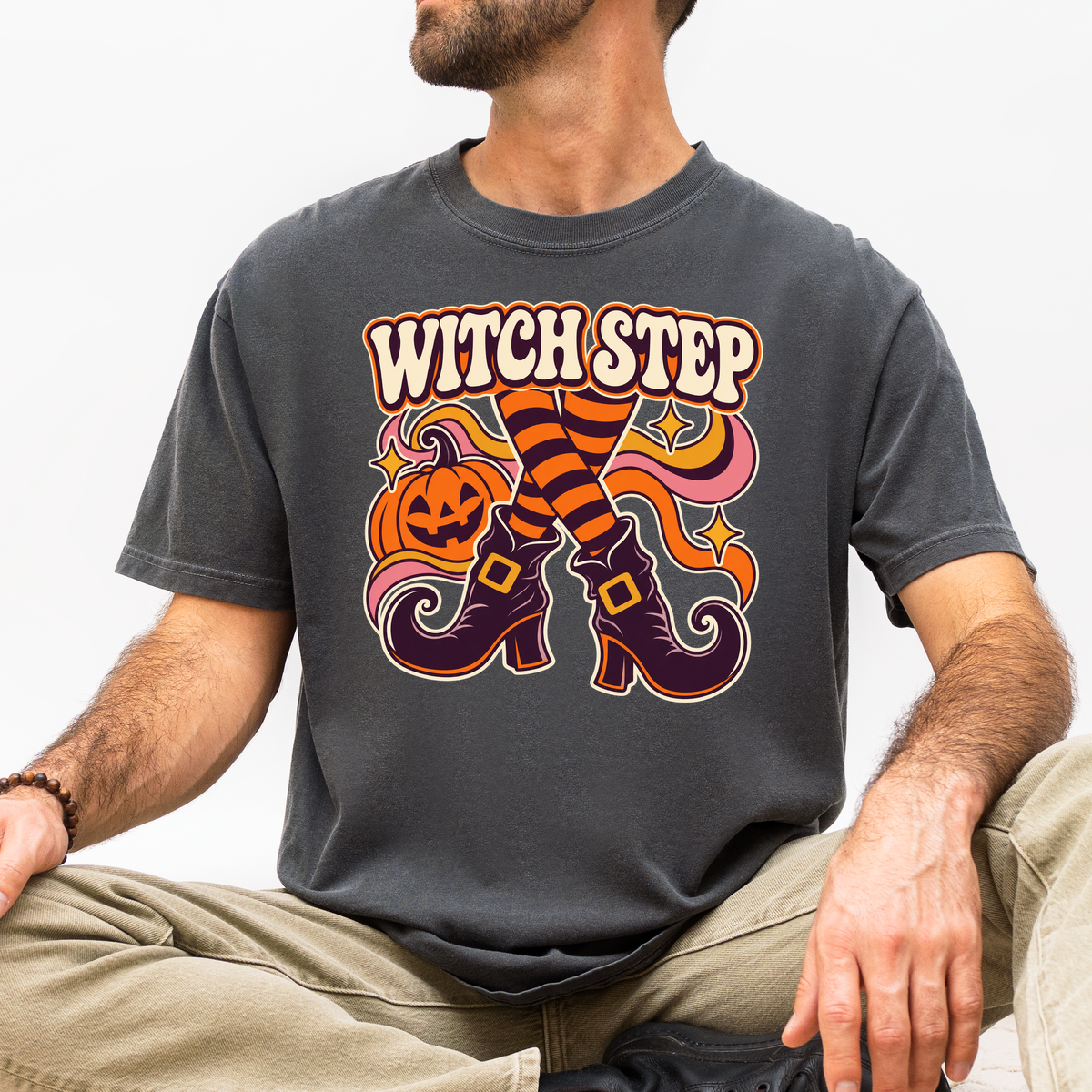 Dancing Witch Boots Halloween T-Shirt, Witch Step Pumpkin Design, 1970s Psychedelic Art, Comfort Colors