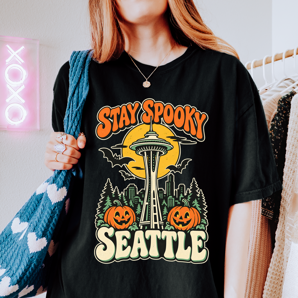 Seattle Halloween T-Shirt, Space Needle Pumpkin Scene, Retro 1950s Cartoon, Comfort Colors Washington Souvenir