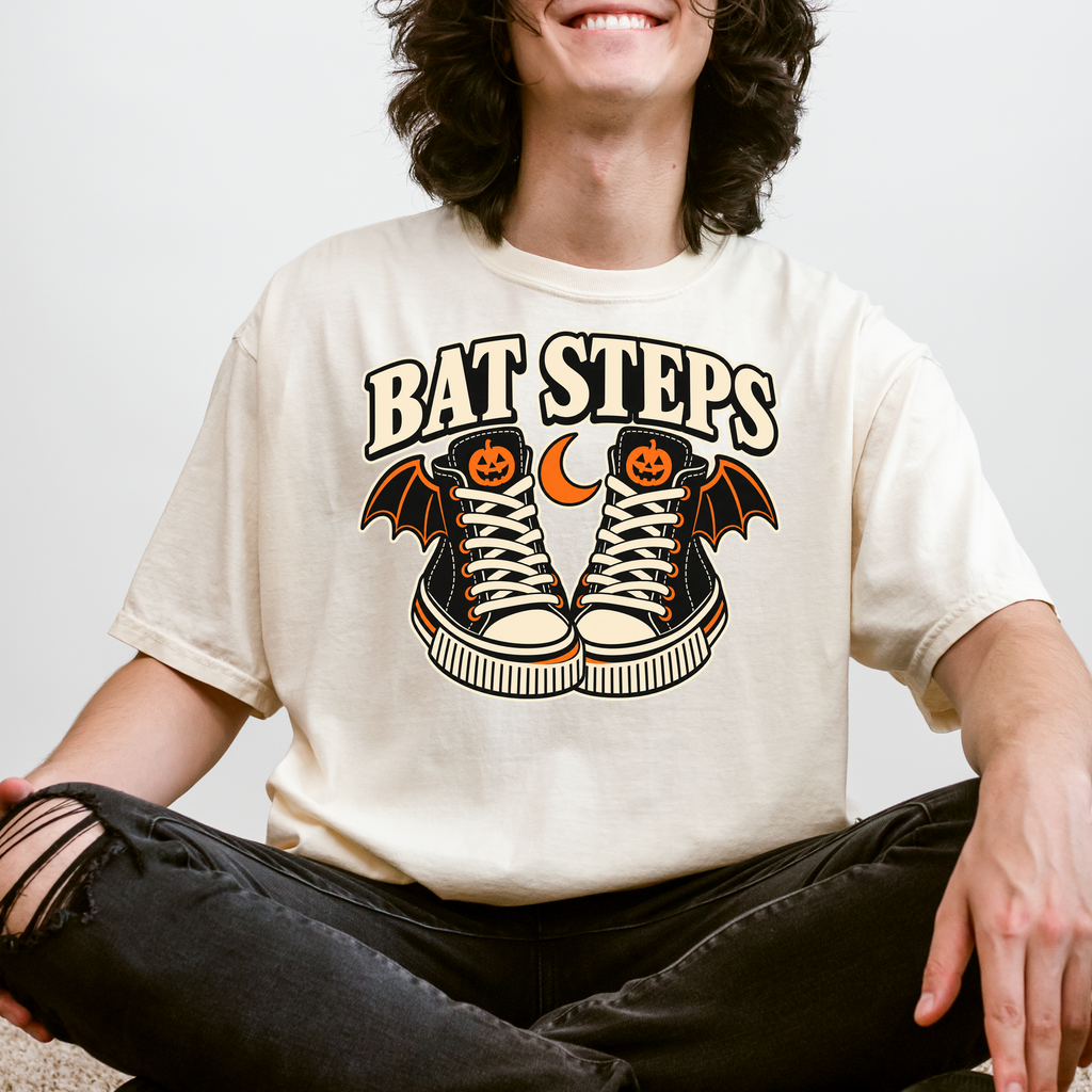 Bat Wing Sneakers Halloween T-Shirt, Bat Steps Pumpkin Design, Minimalist Spooky Season, Comfort Colors