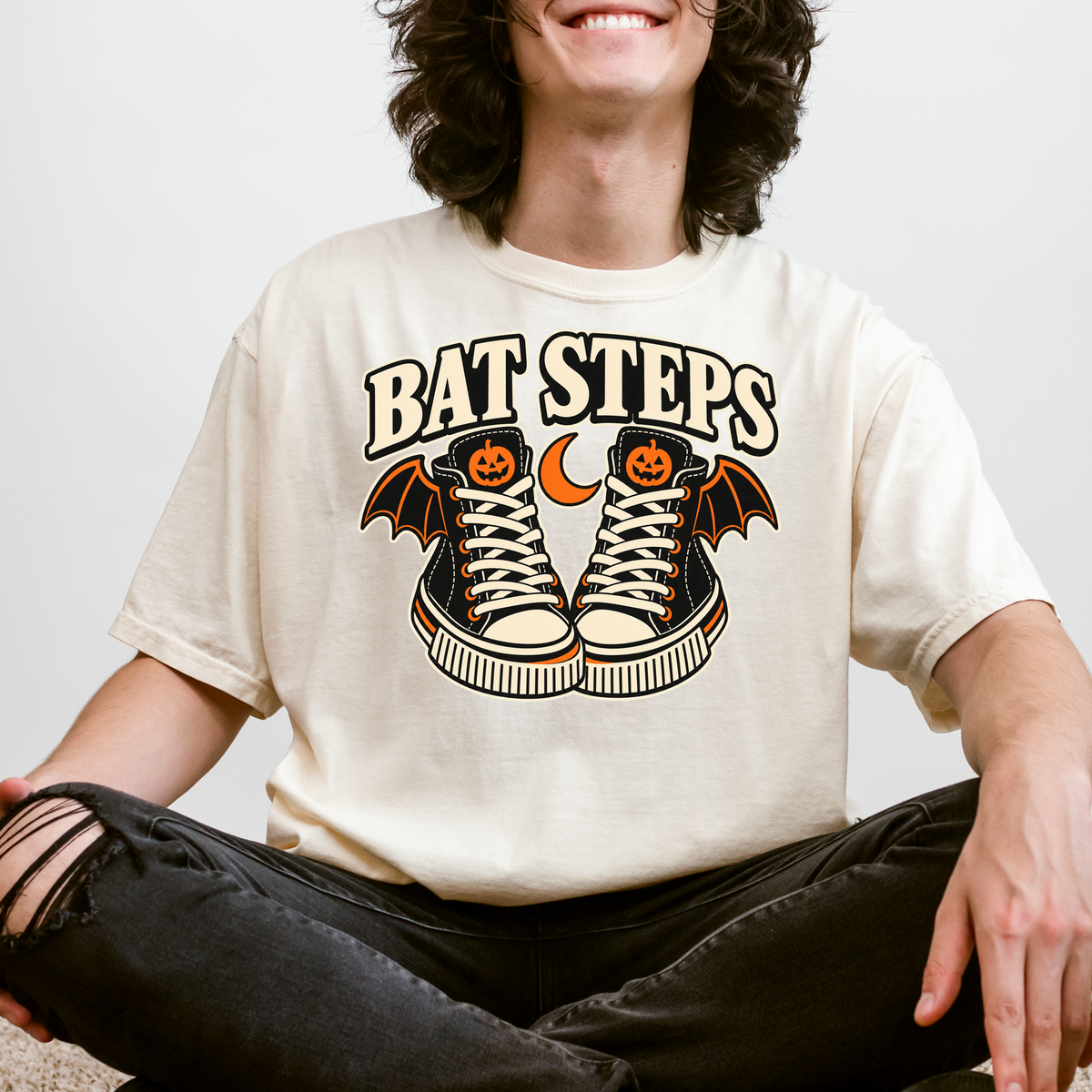 Bat Wing Sneakers Halloween T-Shirt, Bat Steps Pumpkin Design, Minimalist Spooky Season, Comfort Colors