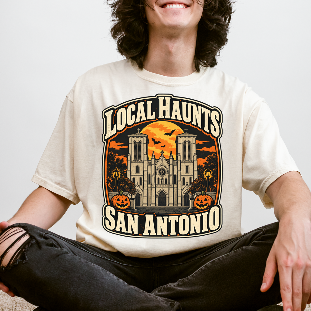 San Antonio Halloween T-Shirt, San Fernando Cathedral, Comfort Colors Retro Souvenir, Harvest Moon and Pumpkins