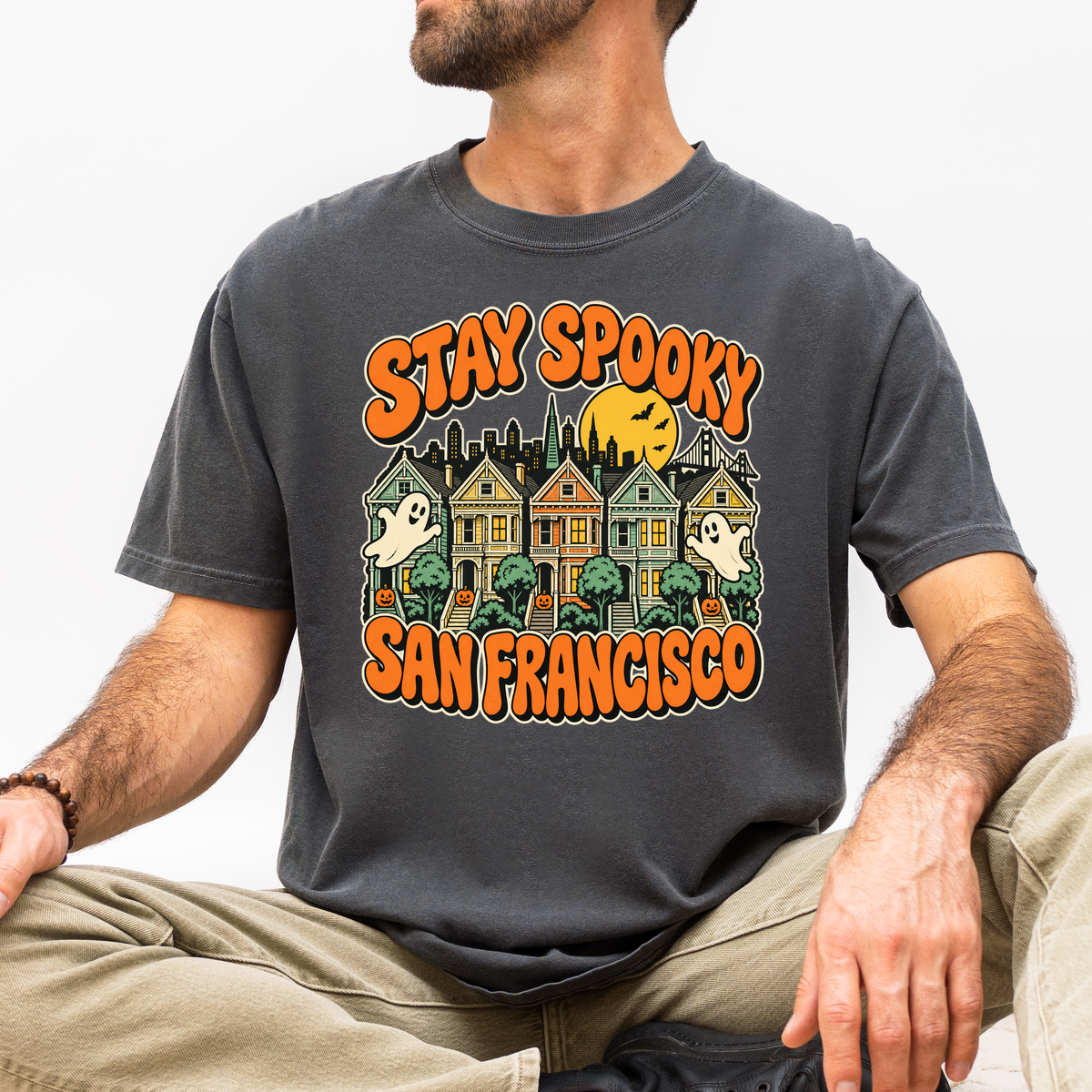 San Francisco Halloween T-Shirt, Painted Ladies Ghosts, Retro Pumpkin Art, Comfort Colors California Souvenir