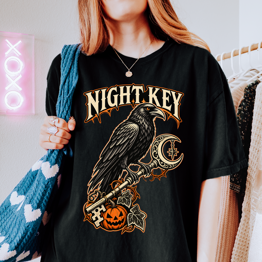 Raven Halloween T-Shirt, Ornate Skeleton Key and Pumpkin, Gothic Woodcut Spooky Season Art, Comfort Colors