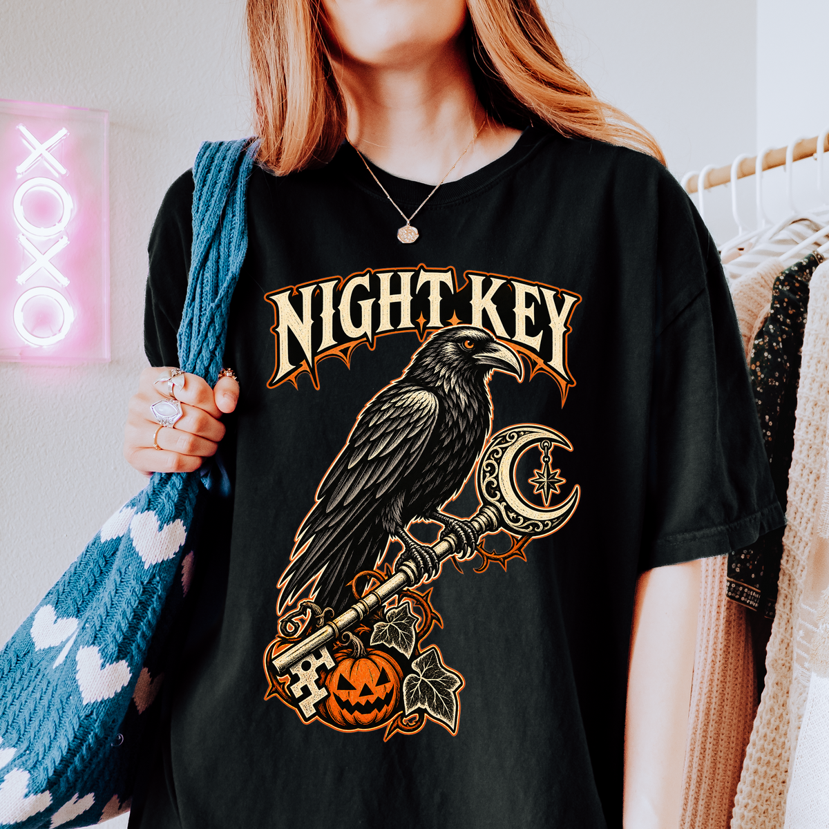 Raven Halloween T-Shirt, Ornate Skeleton Key and Pumpkin, Gothic Woodcut Spooky Season Art, Comfort Colors
