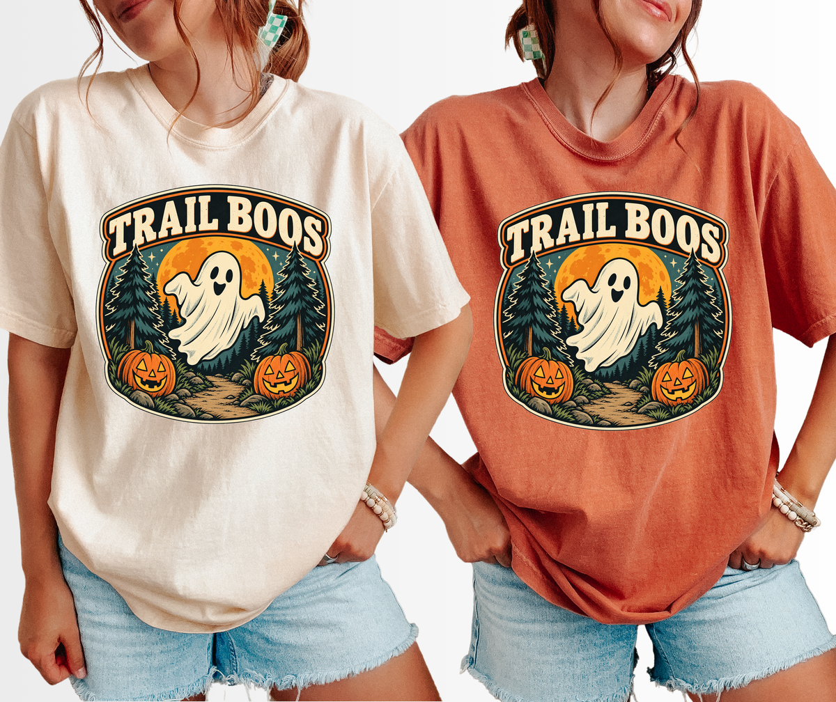 Ghost Halloween T-Shirt, Trail Boos Forest Badge, Retro Pine Trees, Jack-o-Lanterns and Harvest Moon, Comfort Colors