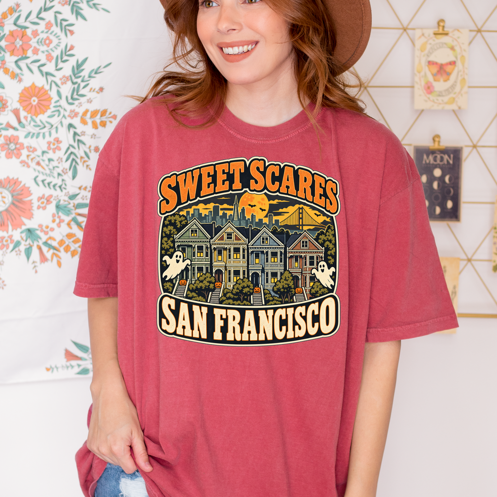 San Francisco Halloween T-Shirt, Painted Ladies Ghosts, Comfort Colors Retro California Souvenir, Sweet Scares