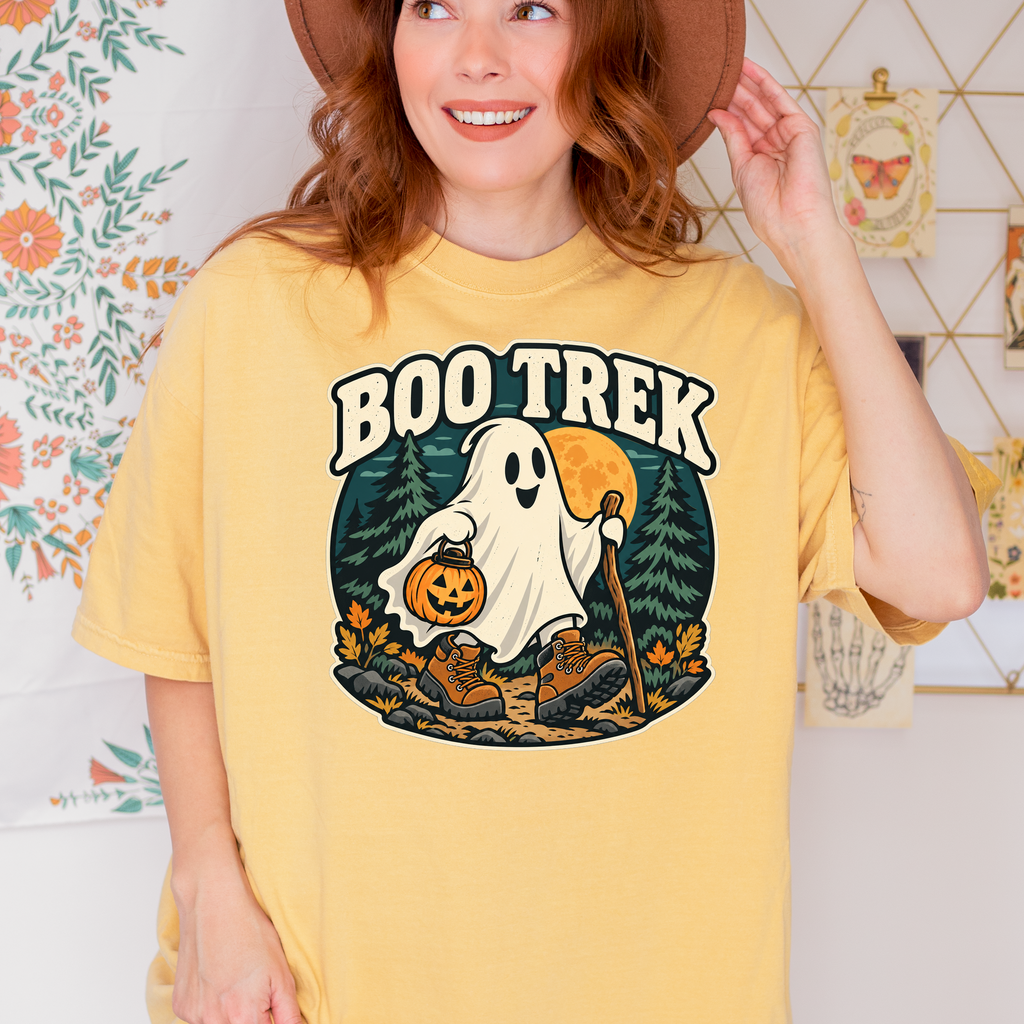Ghost Hiking Halloween T-Shirt, Boo Trek Pumpkin Lantern, Retro Souvenir Badge, Comfort Colors