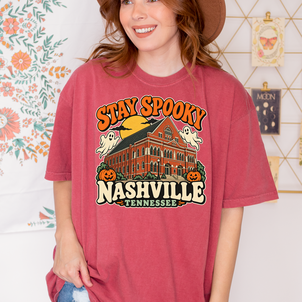 Nashville Halloween T-Shirt, Ryman Auditorium Retro Ghost and Pumpkin Design, Tennessee Souvenir, Comfort Colors