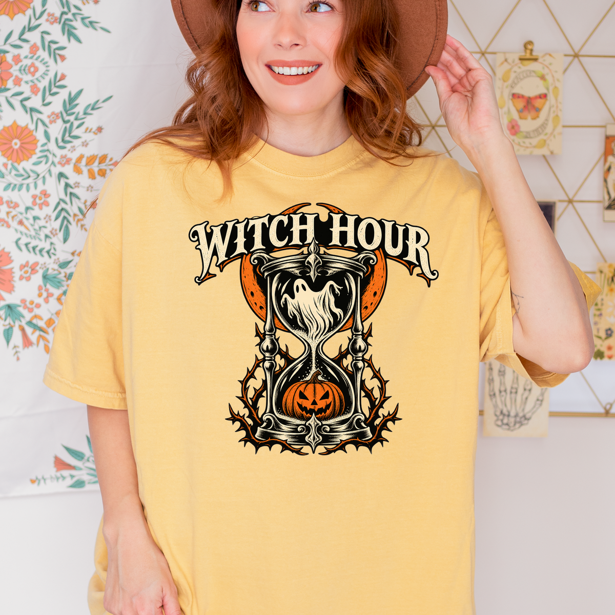 Haunted Hourglass Halloween T-Shirt, Witch Hour Ghost and Pumpkin, Gothic Woodcut Spooky Season Comfort Colors